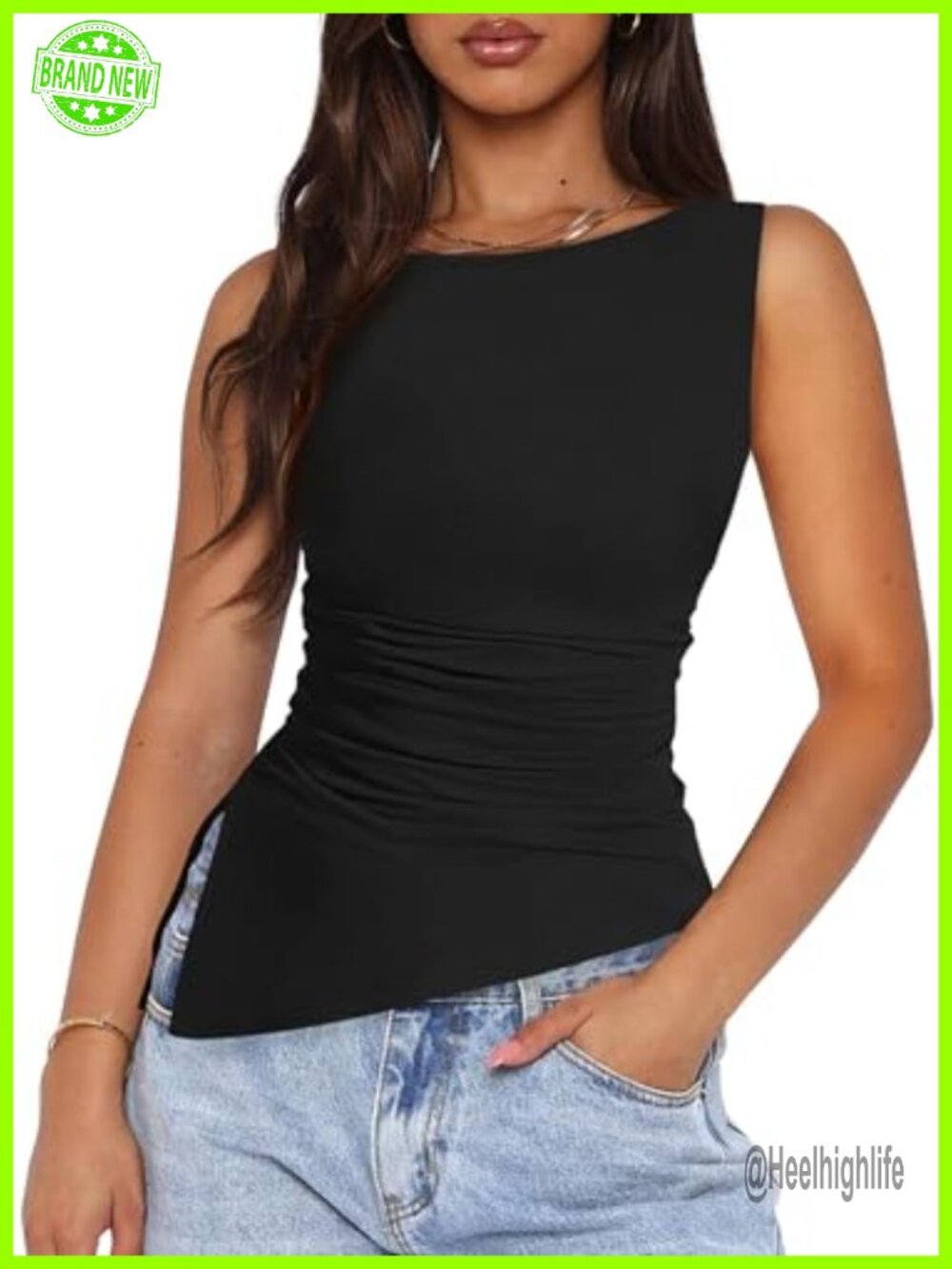 PRETTYGARDEN Women's Ruched Tank Top Sleeveless Boat Neck Summer Y2K Shirt